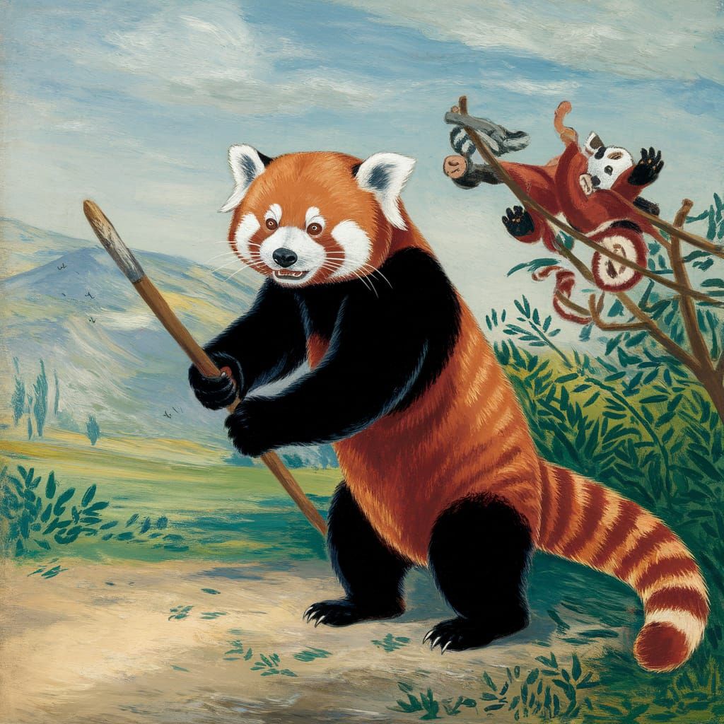 Red Panda Battles Spanish Invaders in Monet & Van Eyck Style