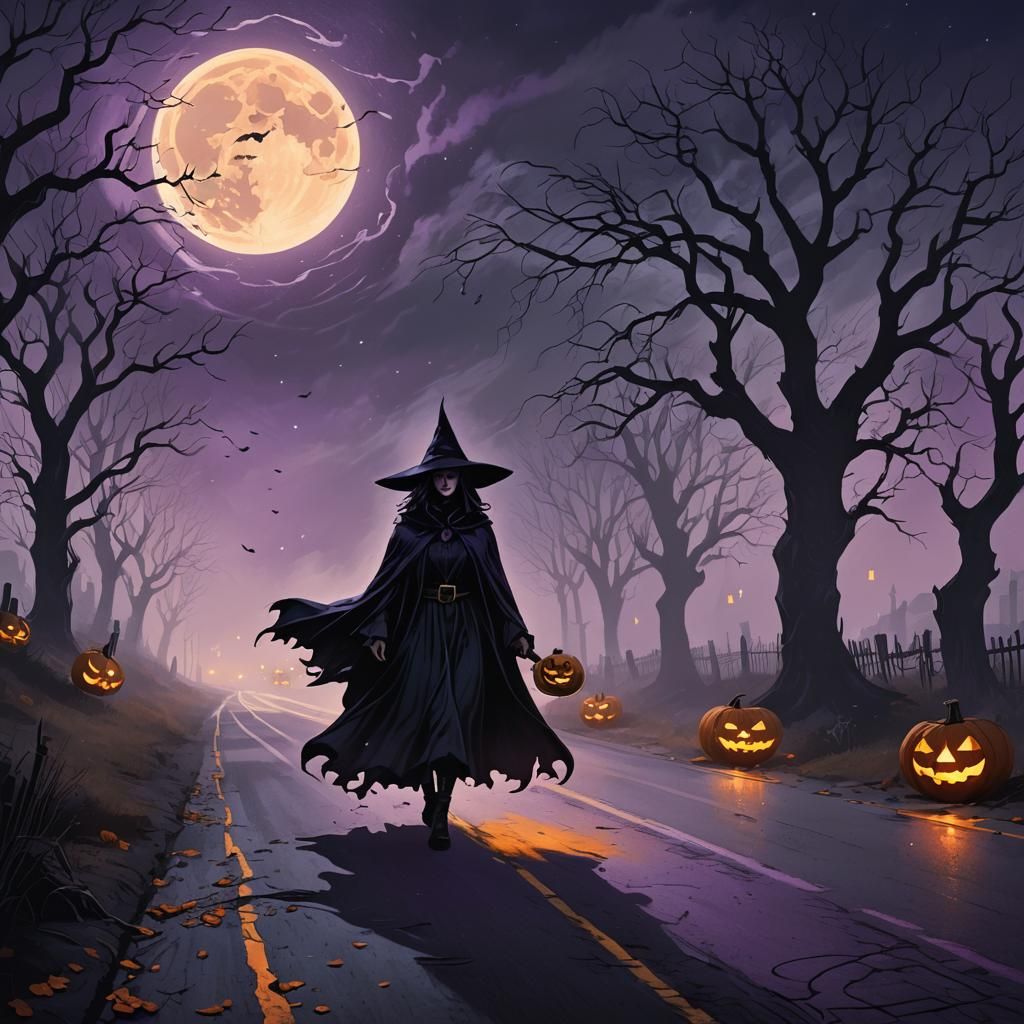 Witch on a Desolate Road: Dark Fantasy Illustration