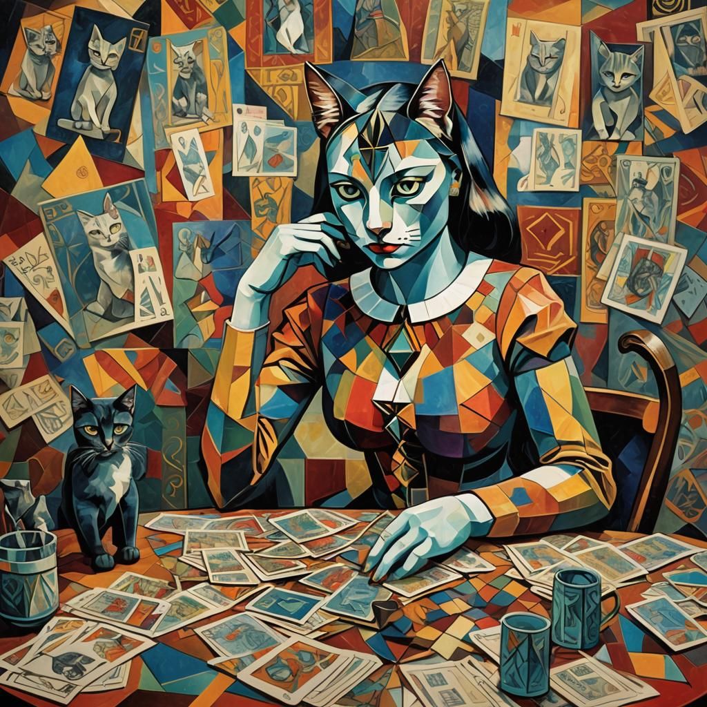 Cubist Cat Girl Tarot Card Reader in Picasso Style
