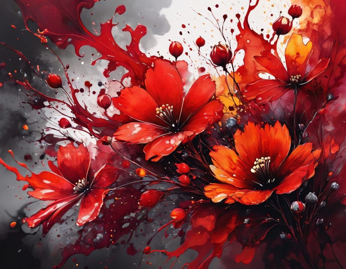 Monochrome Red Ink Illustration with Bokeh Lighting