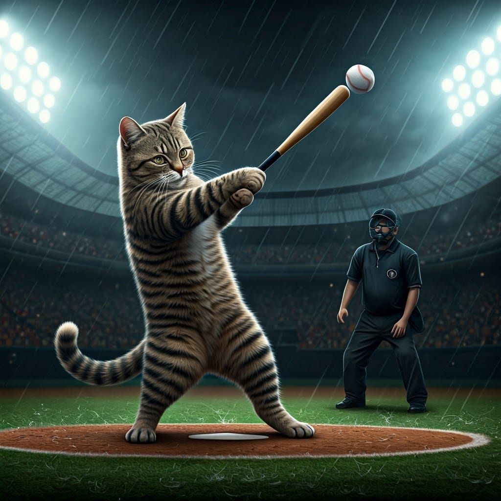 Majestic Cat Hits Homerun in Rainy Stadium
