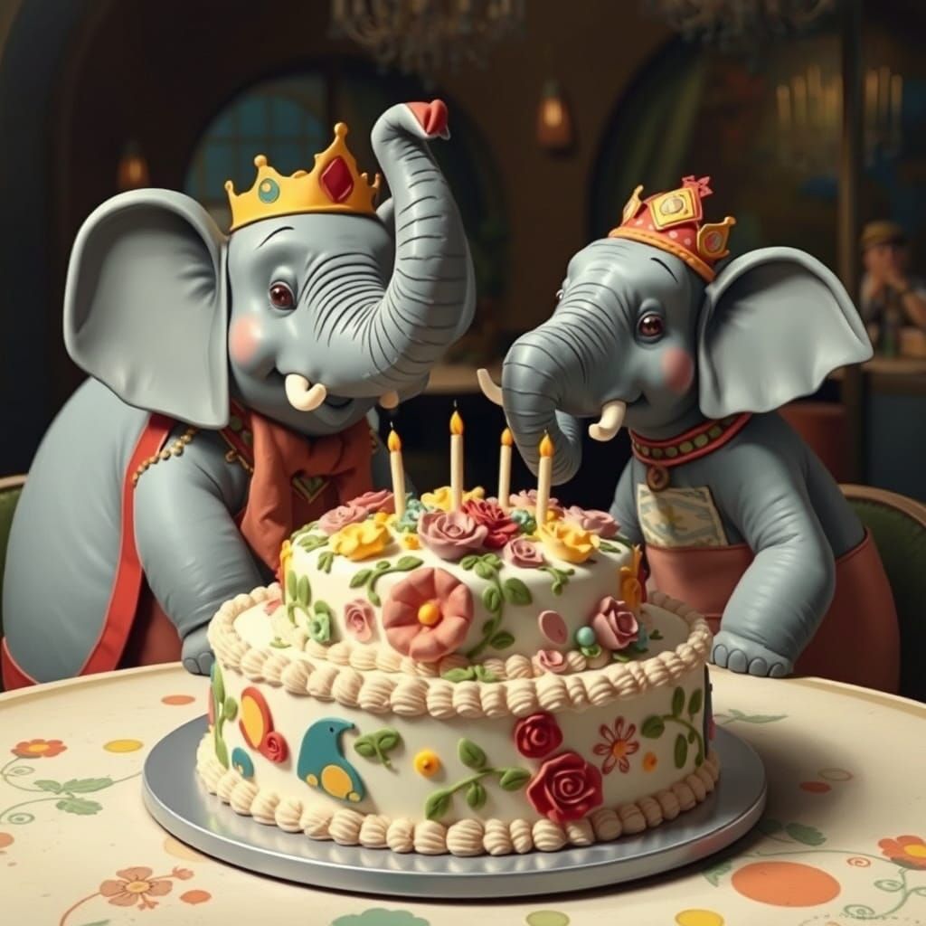 Elephants Enjoying Cake in Whimsical Children's Book Style