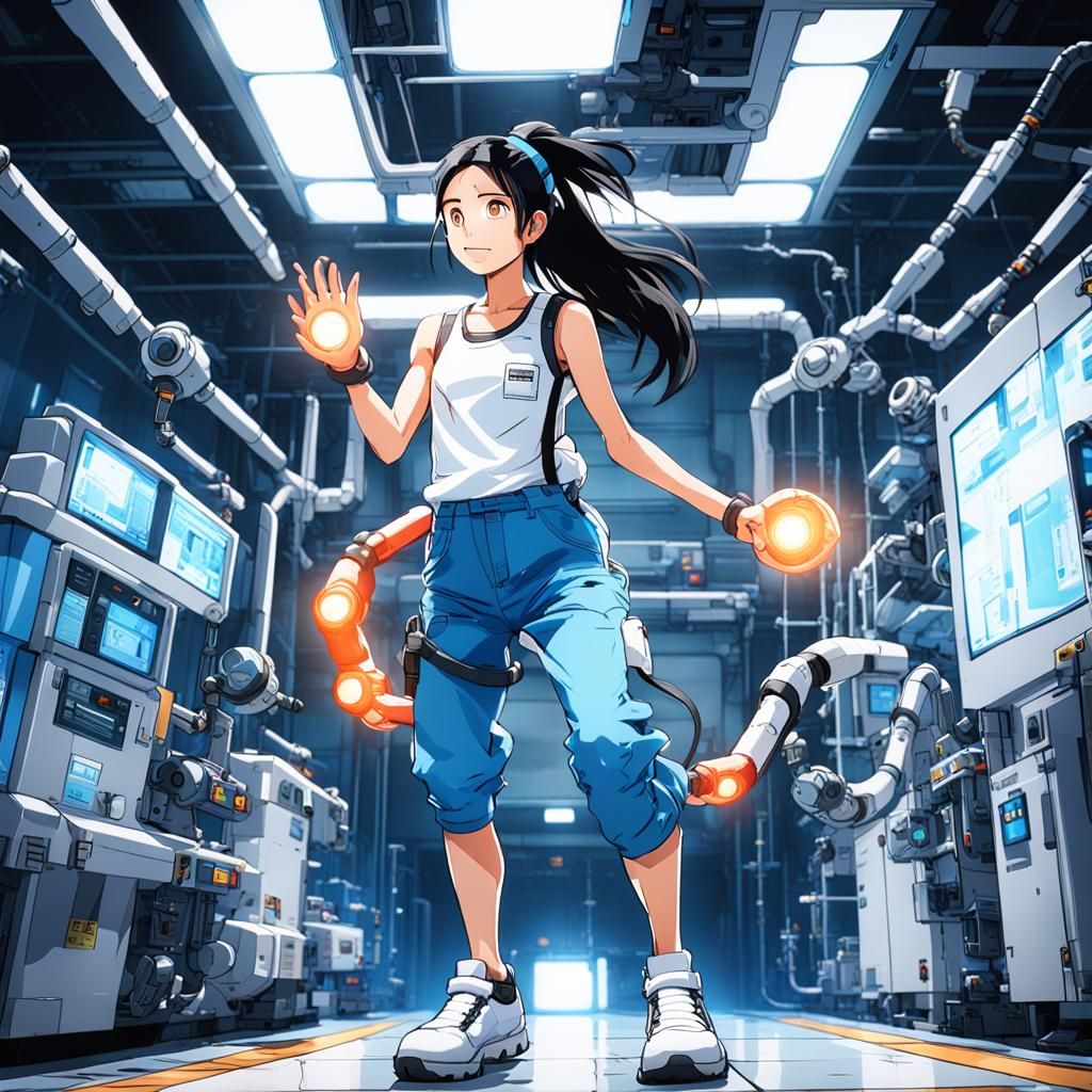 Woman with Portal Gun and Orthopedic Enhancements