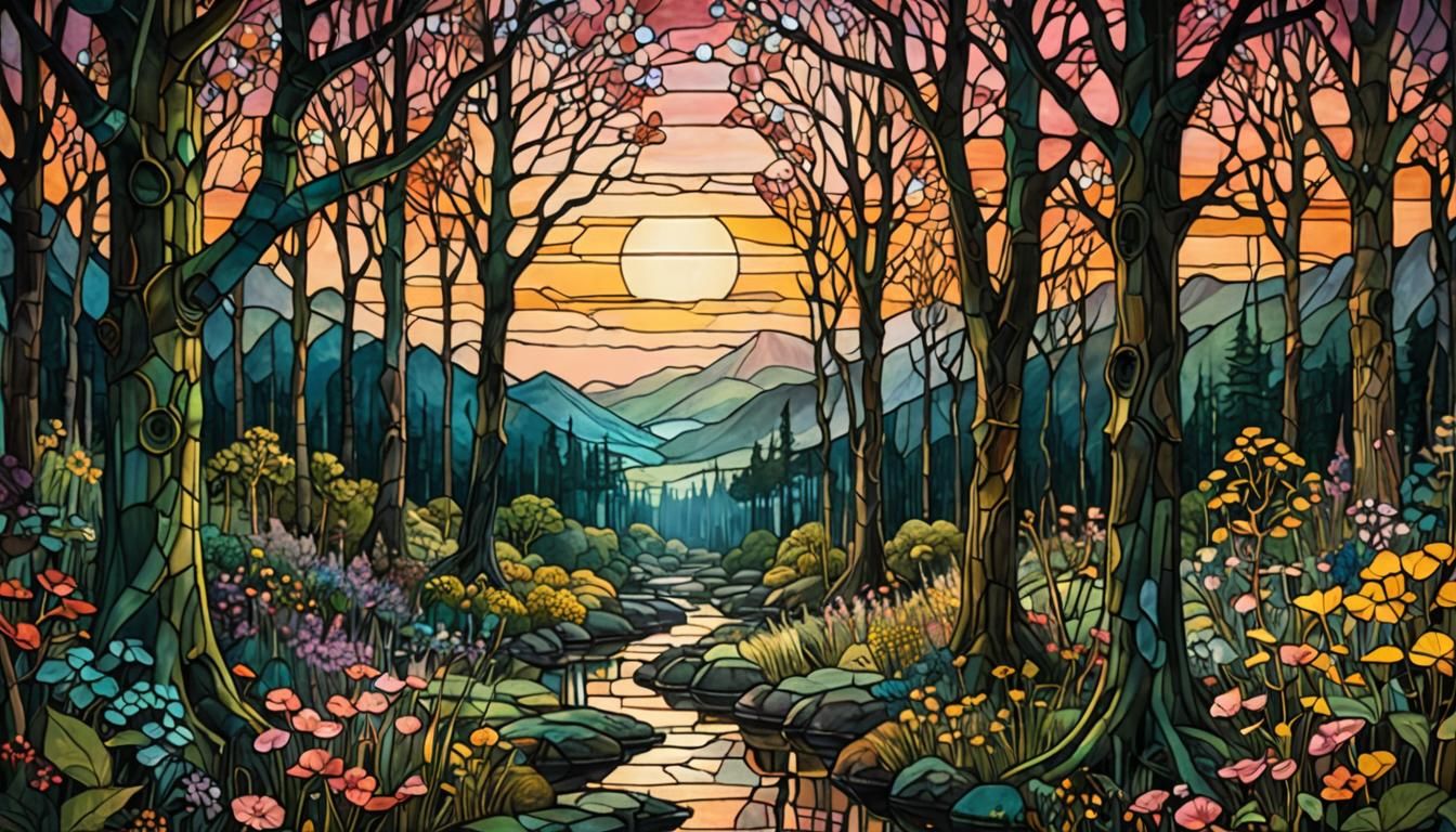 Mystical Stained Glass Forest Landscape