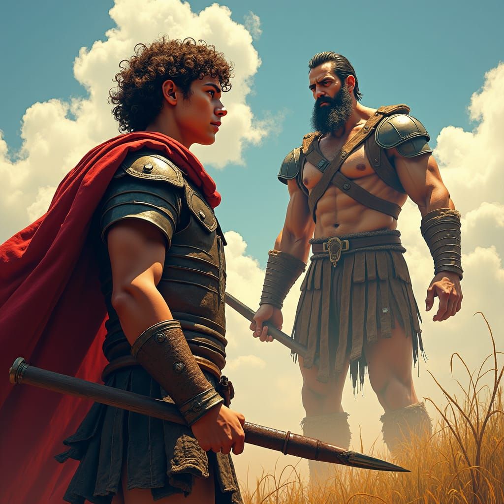 David Confronts Goliath in Epic Battle Scene