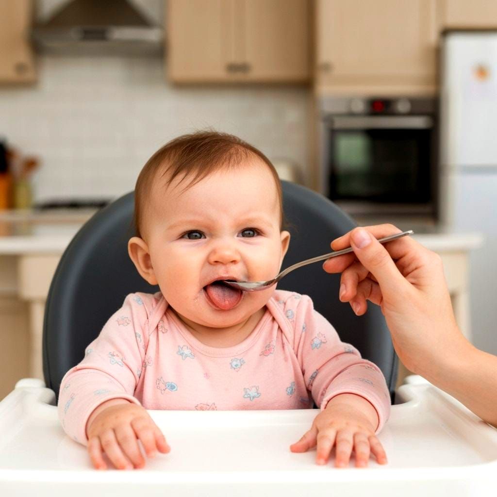 Baby Grimacing While Being Fed in Kitchen