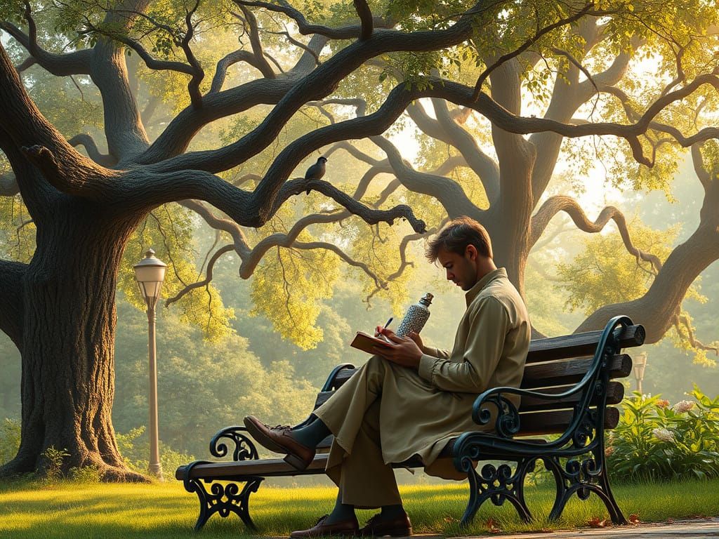 A Peaceful Park Bench Scene in Whimsical Style