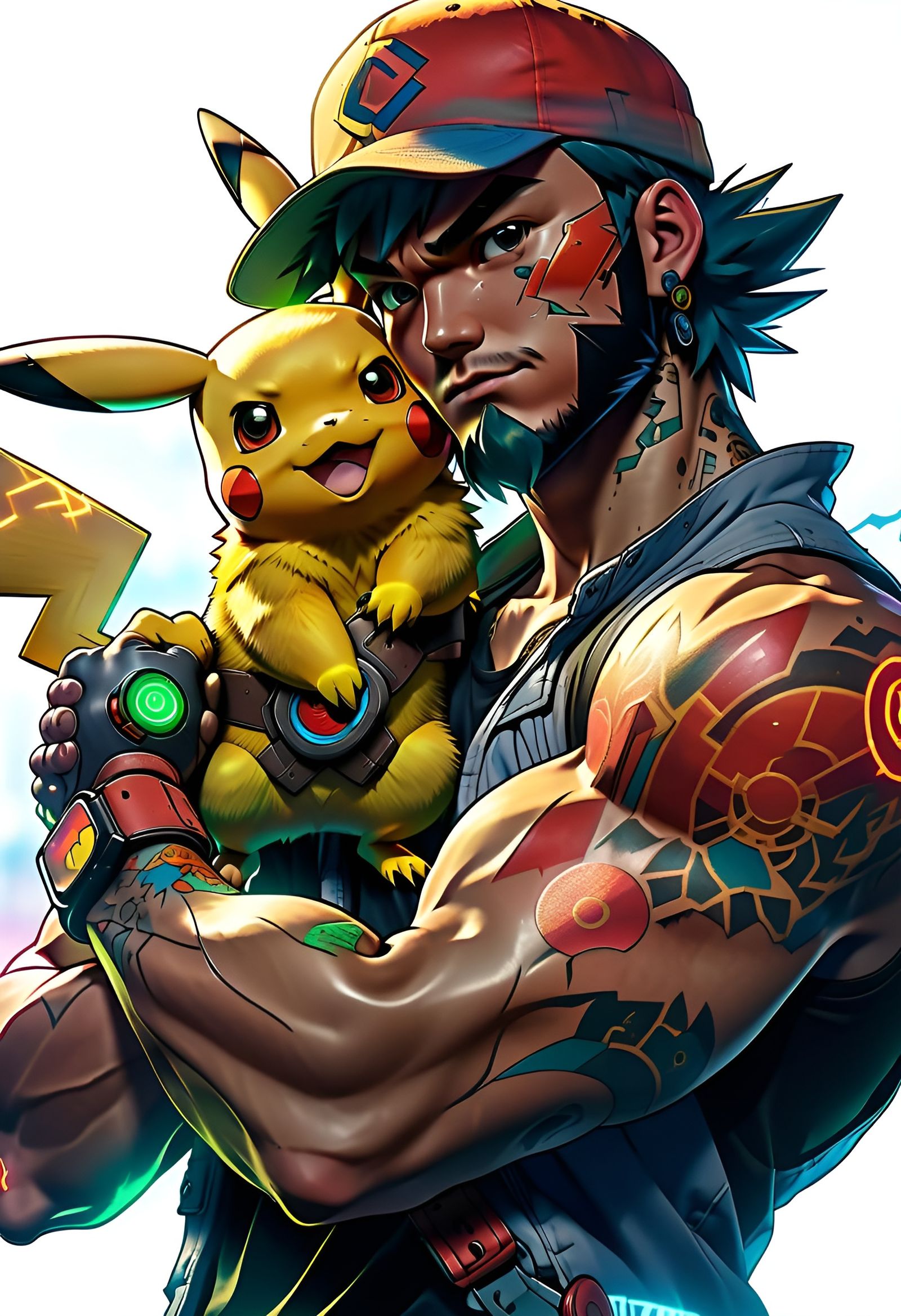 Adult Ash Ketchum in Cyberpunk Anime Style