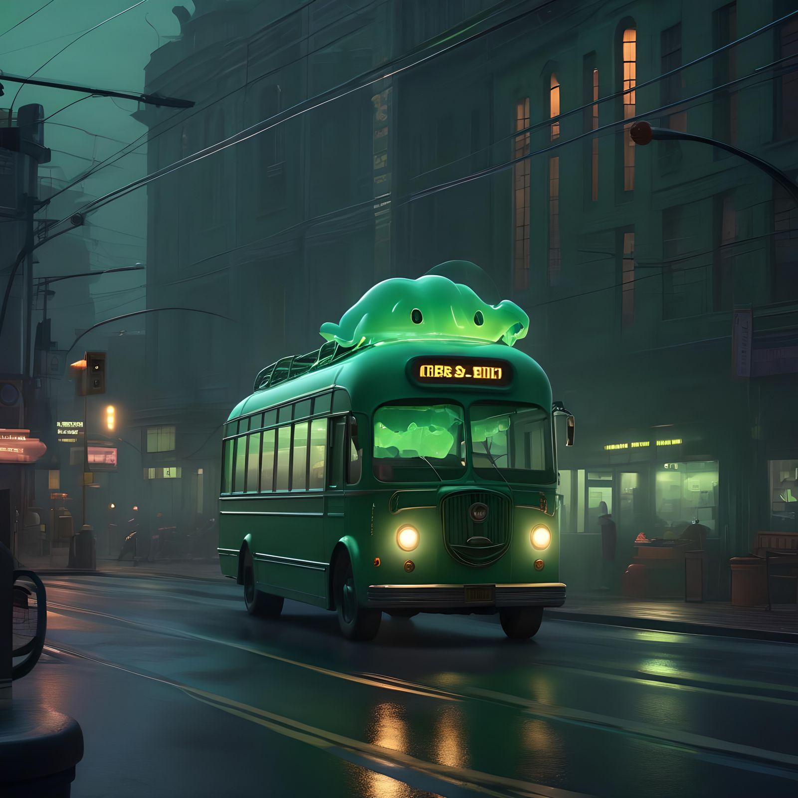 Green Jelly Ghost Drives Bus: 3D Digital Art