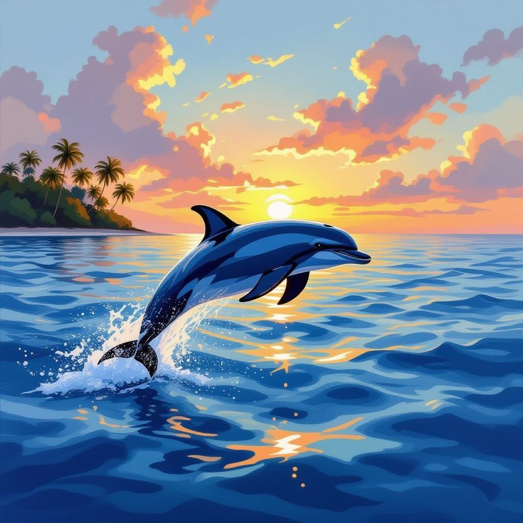 Dolphin Leaping from Ocean at Sunrise in Oil Painting Style