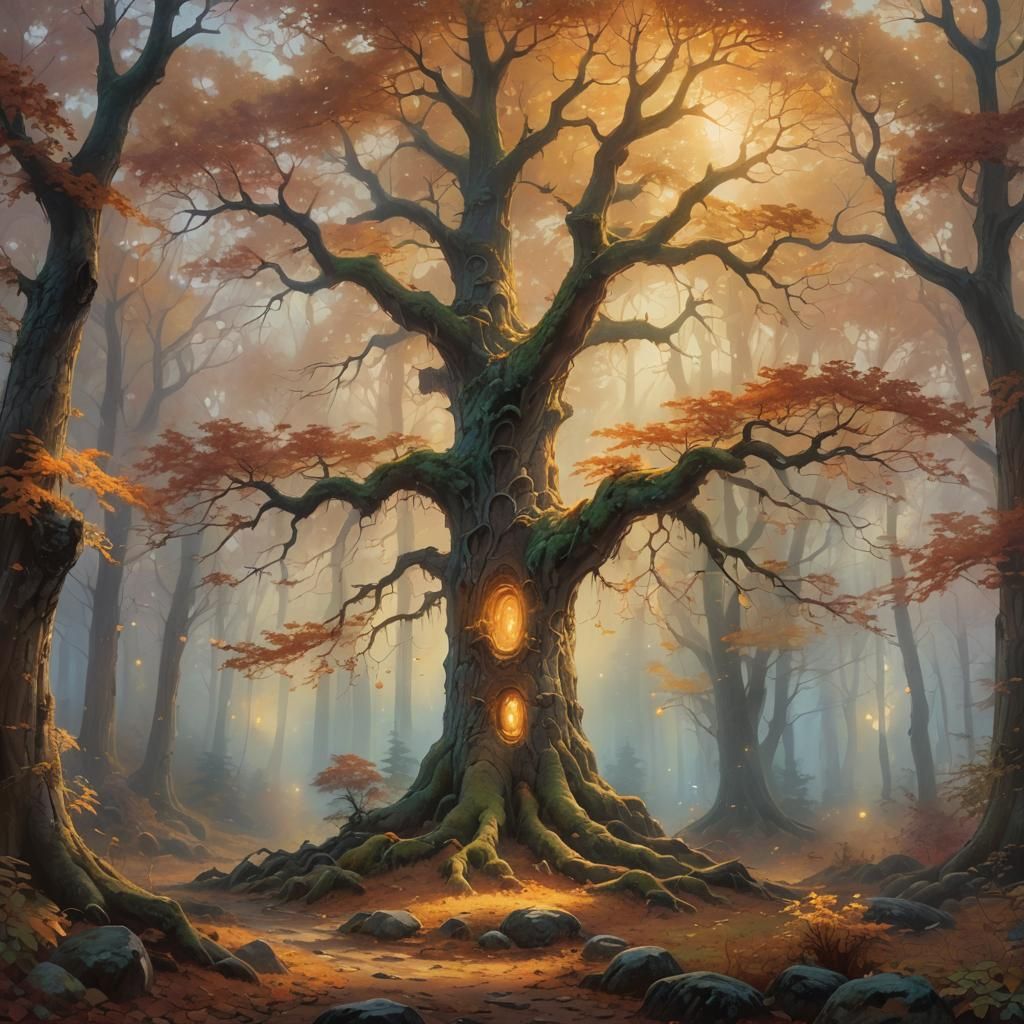 Glowing Tree in Misty Autumn Forest Painting