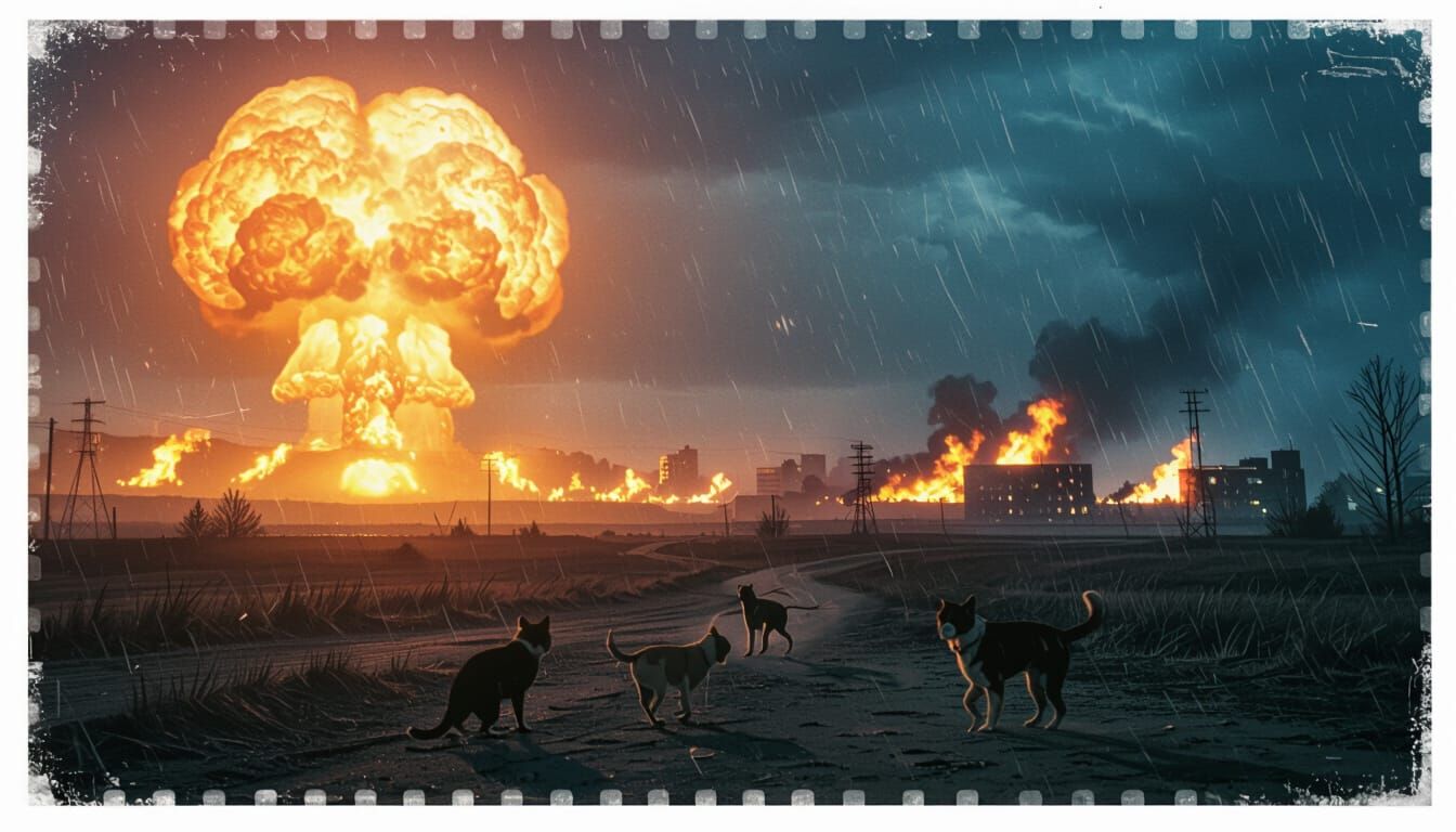 Nuclear Blast Over Desolate Landscape in Cinematic Style