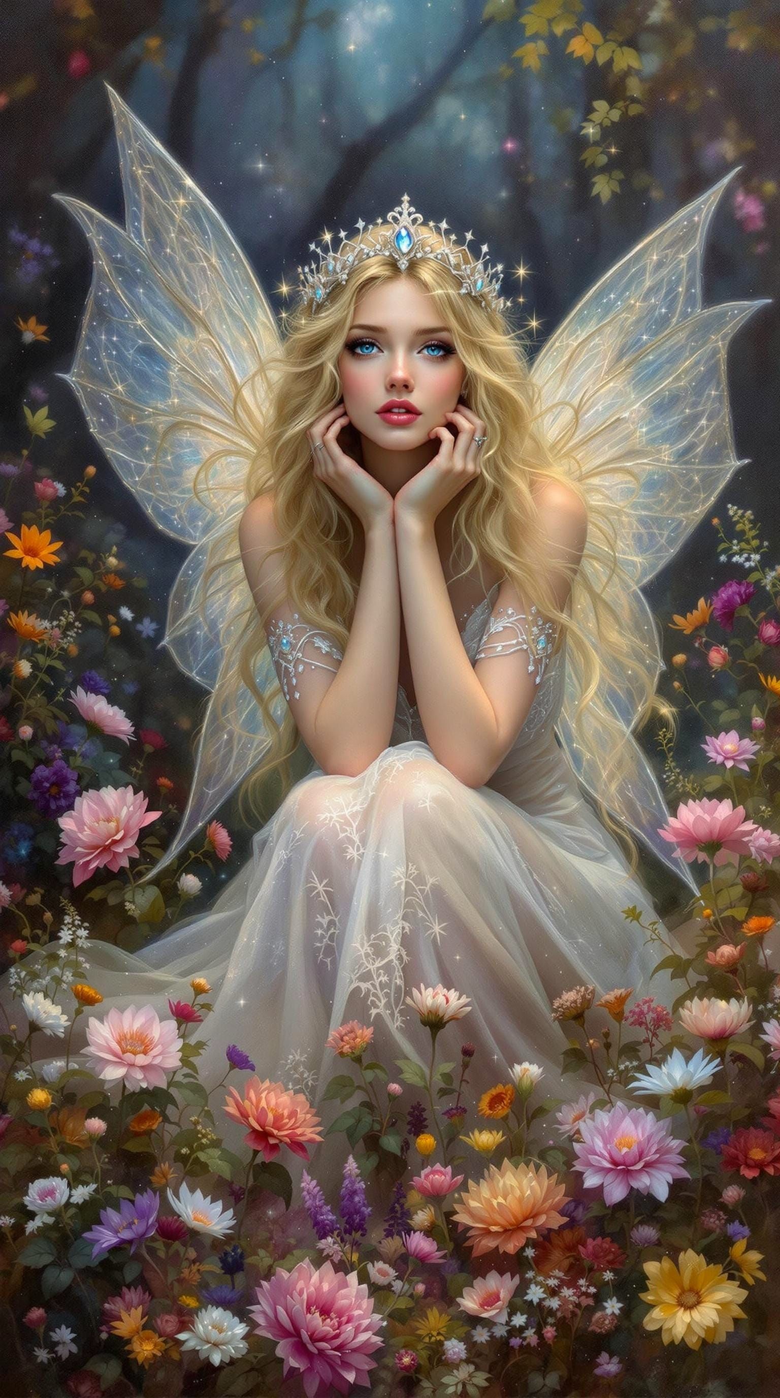 Fairy with Jeweled Crown in Pre-Raphaelite Style