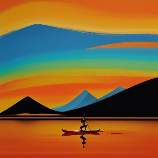 Expressionist Landscape with Paddleboarder at Sunset