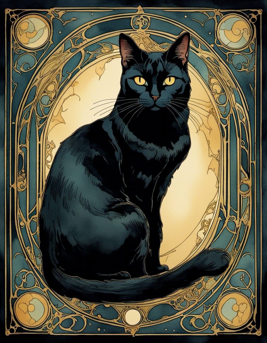 Art Nouveau Black Cat Tarot Card