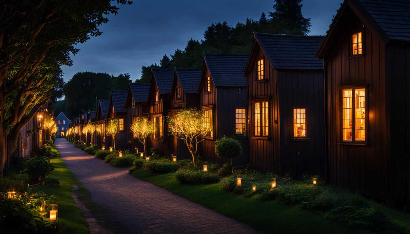 Quiet Street at Night with Candlelit Windows