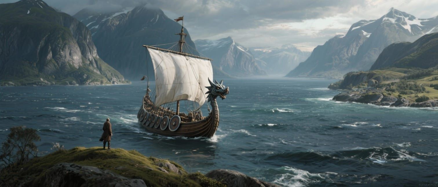 Epic Viking Ship Sails Norwegian Fjords in Digital Matte Pai...