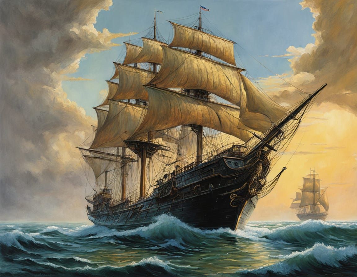 Bronze Galleon Ship Sailing in Rippling Ocean