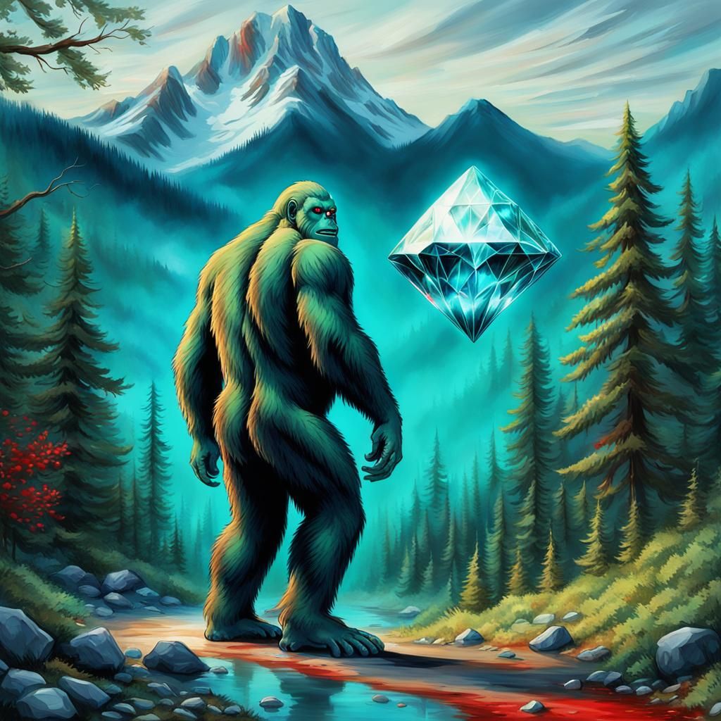 Blue-Green Bigfoot Holding Diamond, Digital Art
