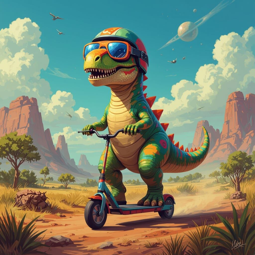Dinosaur on Skateboard in Prehistoric Landscape