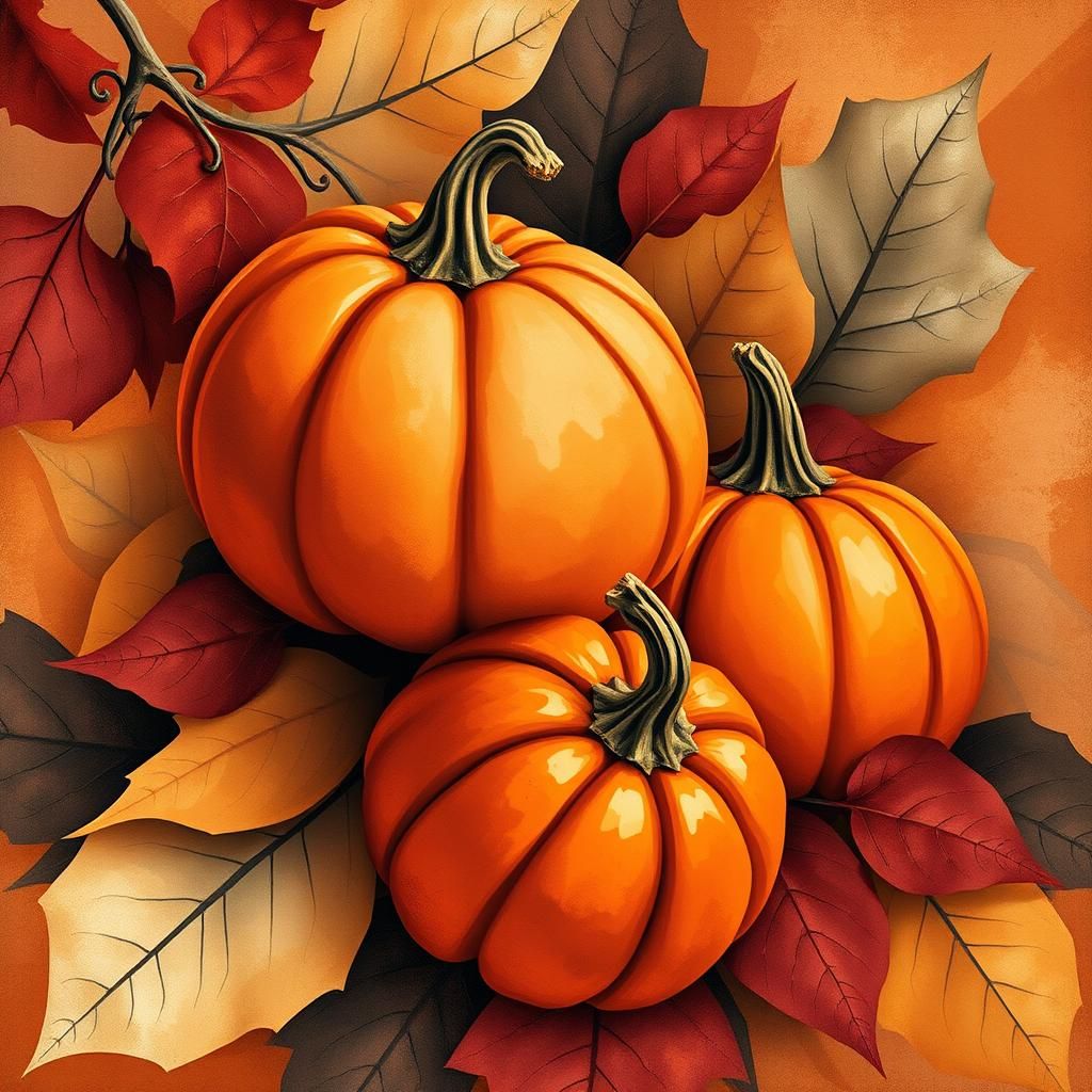Geometric Pumpkins and Autumn Leaves in Art Deco Style