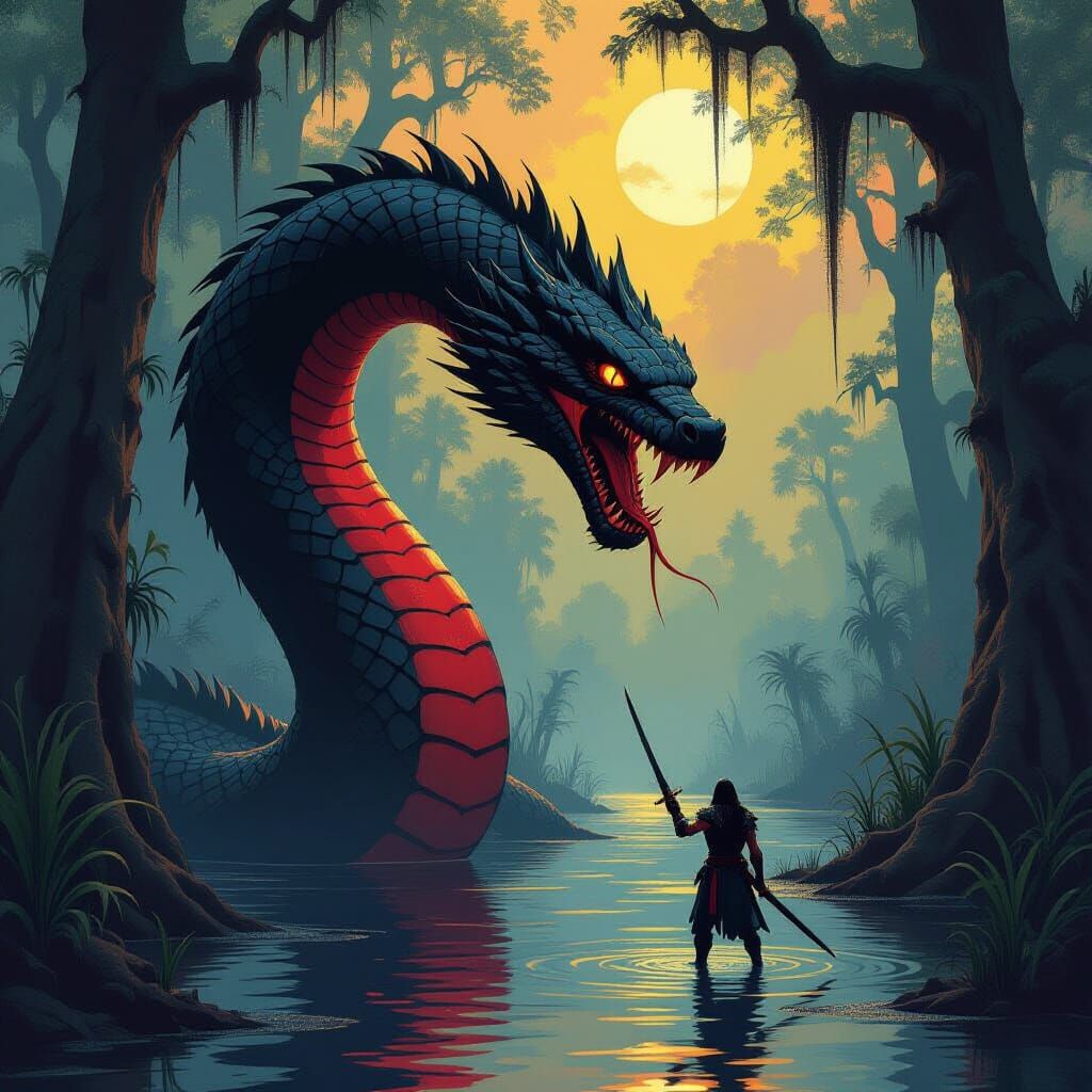 Towering Serpent Confronts Warrior in Dark Fantasy Art