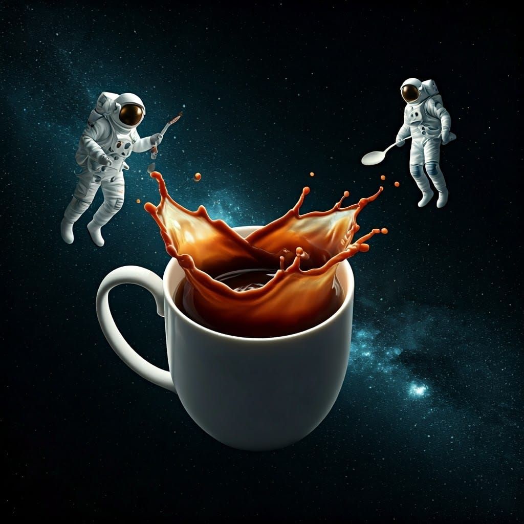 Astronauts Above Coffee in Surreal Outer Space