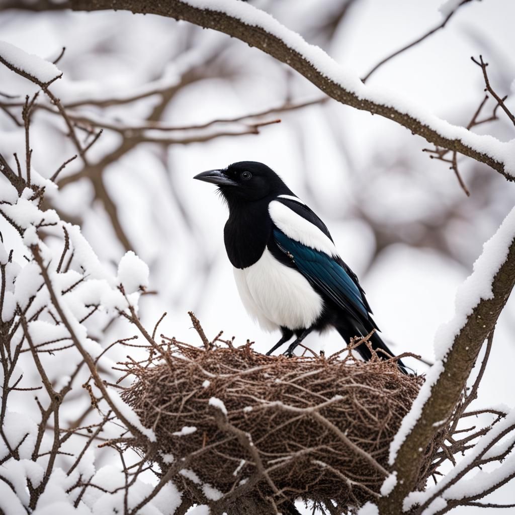 Magpie Bird in Nest Under Light Snow