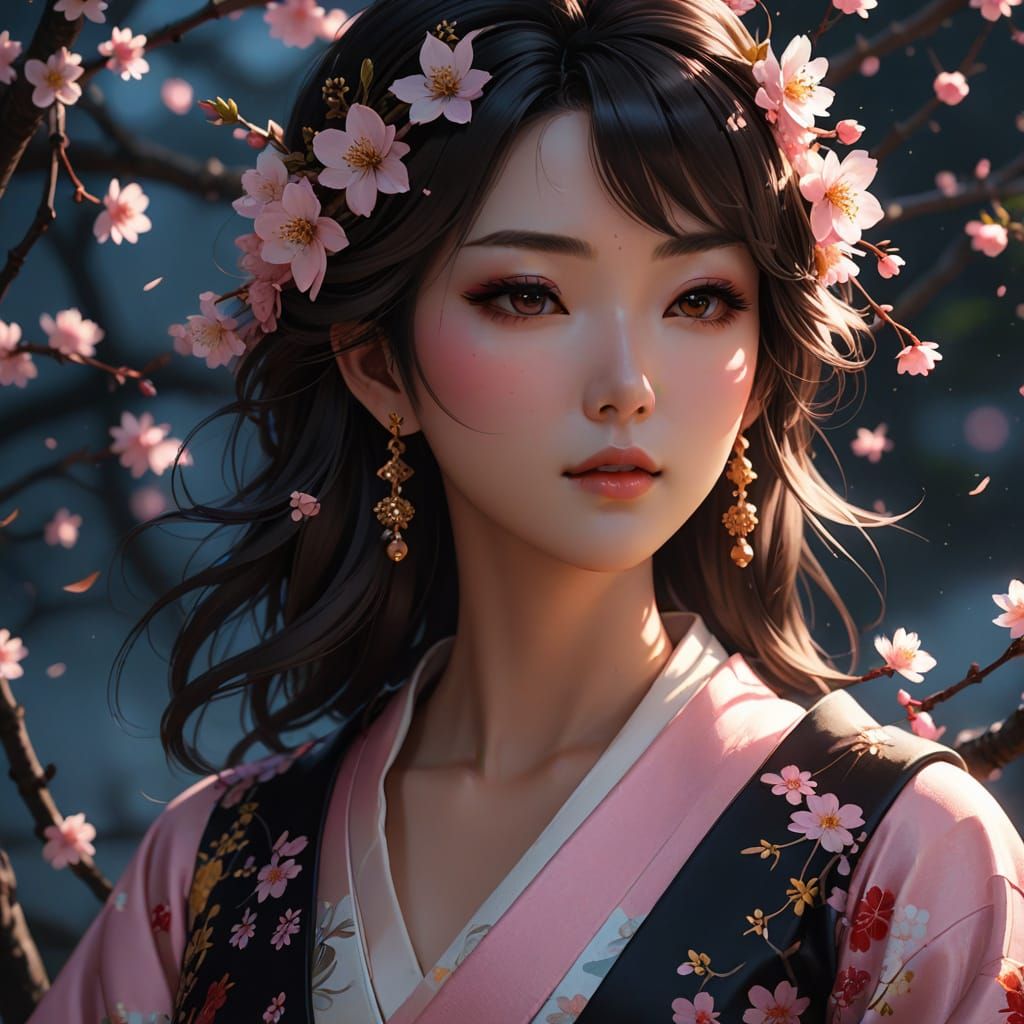 Anime Girl on Cherry Blossom Throne in 3D