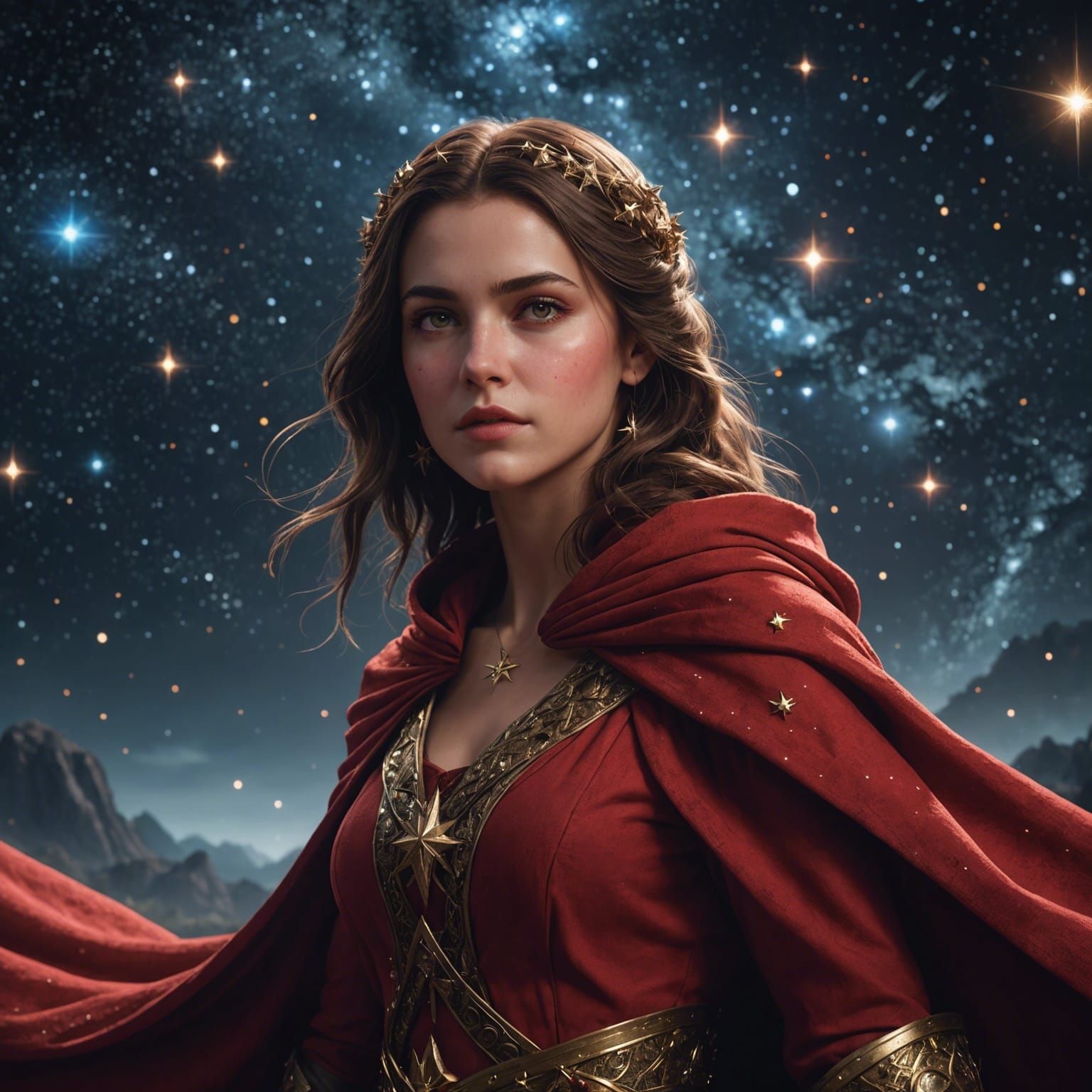 Fantastical Girl Surrounded by Stars in Detailed Painting