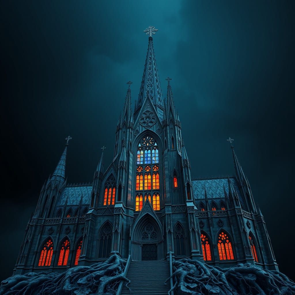 Gothic Cathedral Transcends Darkness in Otherworldly Glow