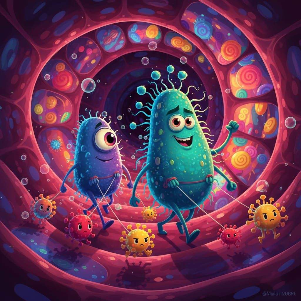 Cartoon Bacteria Walk Viruses in Stylized Blood Vessel