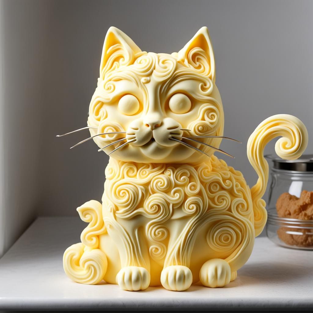 Butter Sculpture adorable cat in the fridge
