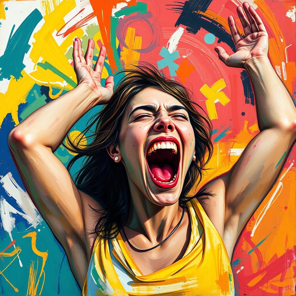 Woman in Ecstatic Scream with Vibrant Abstract Shapes