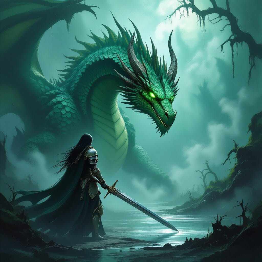 Female Knight Battles Dragon in Foggy Swamp