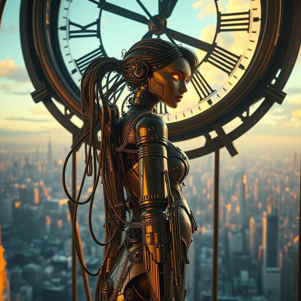 Steampunk Automaton in Clock Tower at Sunset