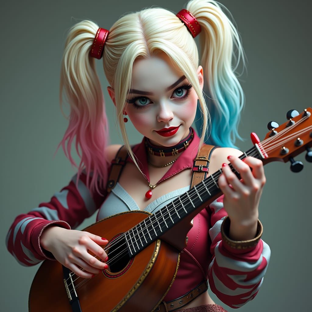 Harley Quinn Plays Mandolin in Hyperrealistic Portrait