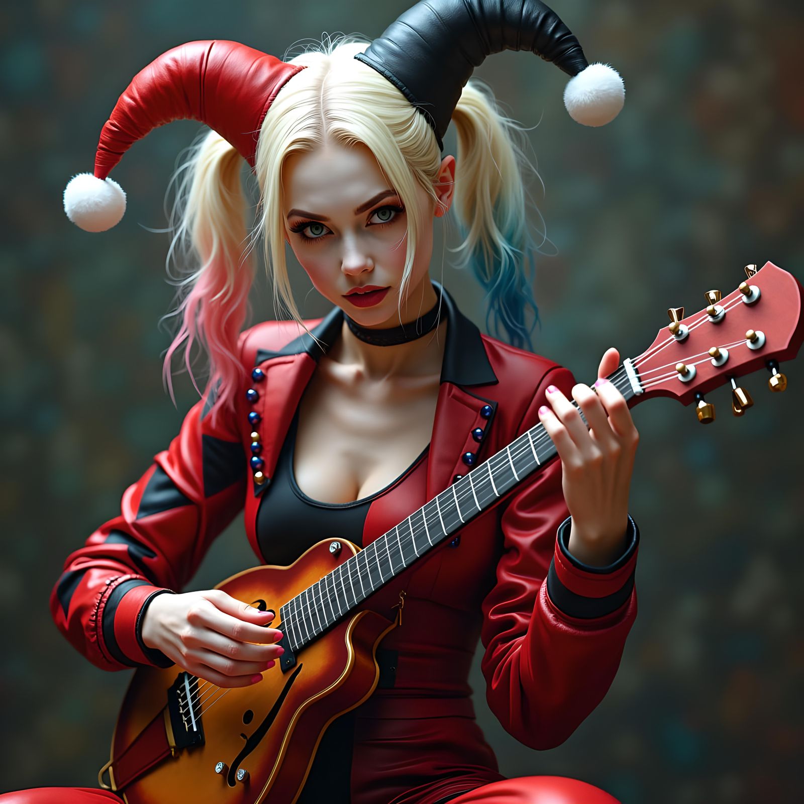 Harley Quinn Plays Mandolin: Hyperrealistic Portrait