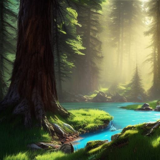 Lush Mountain Meadow in Sunlight: Dark Fantasy Art