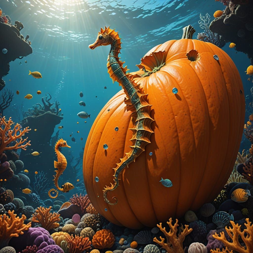 Giant Pumpkin Undersea Harvest in Hyper-Realistic Style
