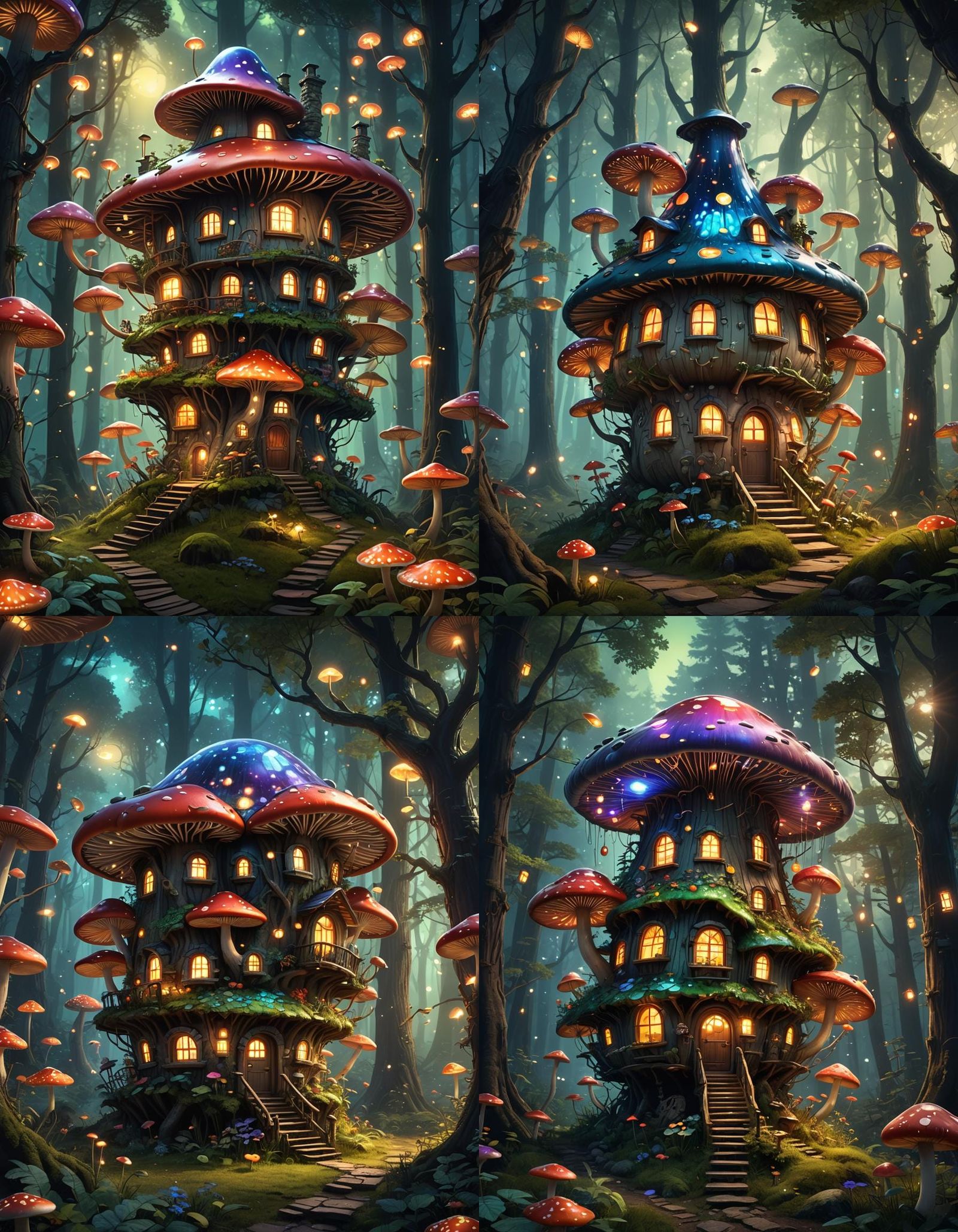 Glowing Mushroom House in Dark Forest, Fantasy Concept Art