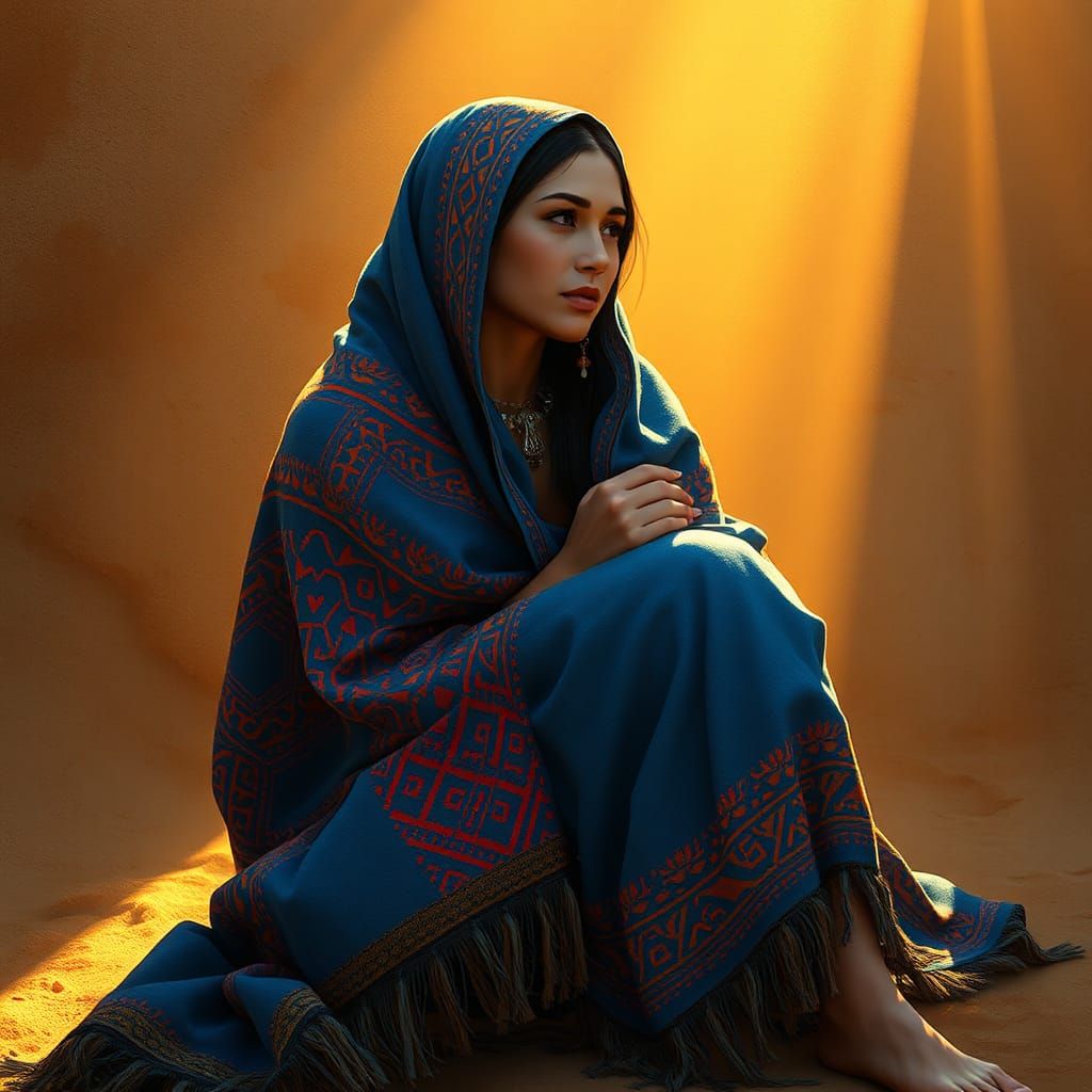 Pueblo Woman in Blue Blanket, Art Nouveau Style