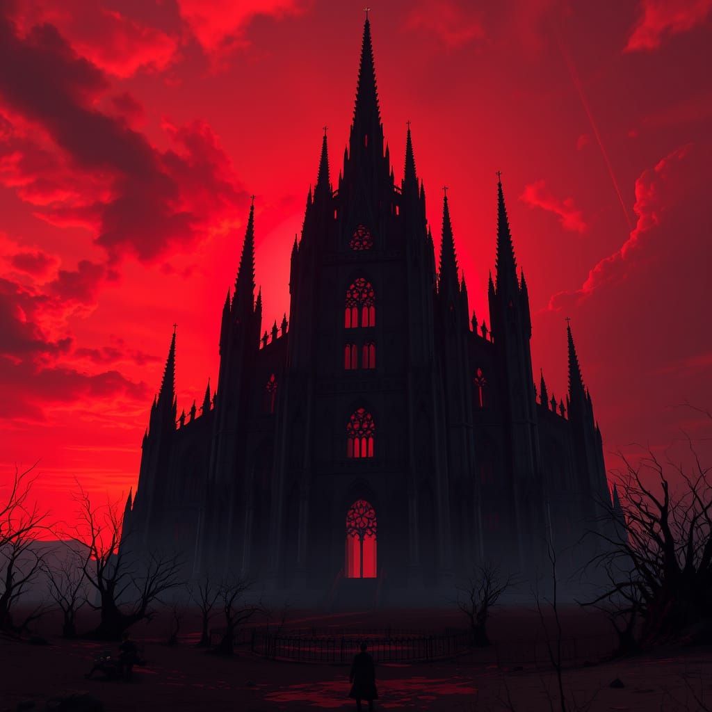 Gothic Obsidian Cathedral Silhouetted in Blood-Red Sunset
