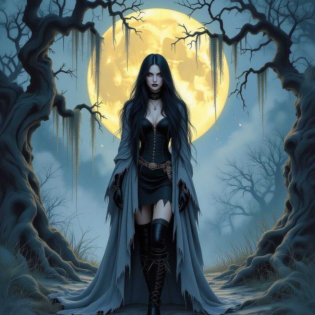 Goth Woman in Ethereal Moonlit Forest