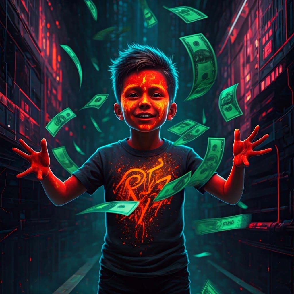 Boy in Red Light with Green Money Rain, Cyberpunk Art