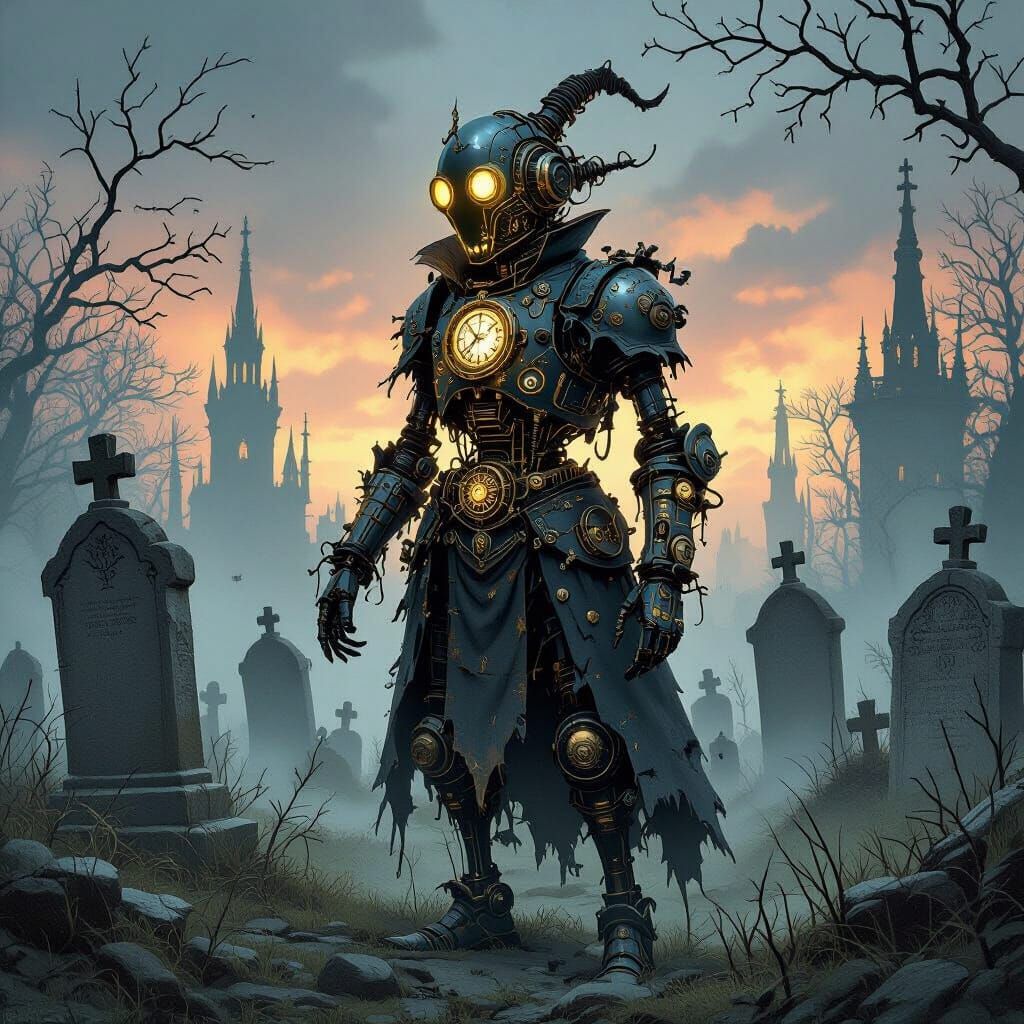 Steampunk Automaton in Gothic Graveyard at Twilight