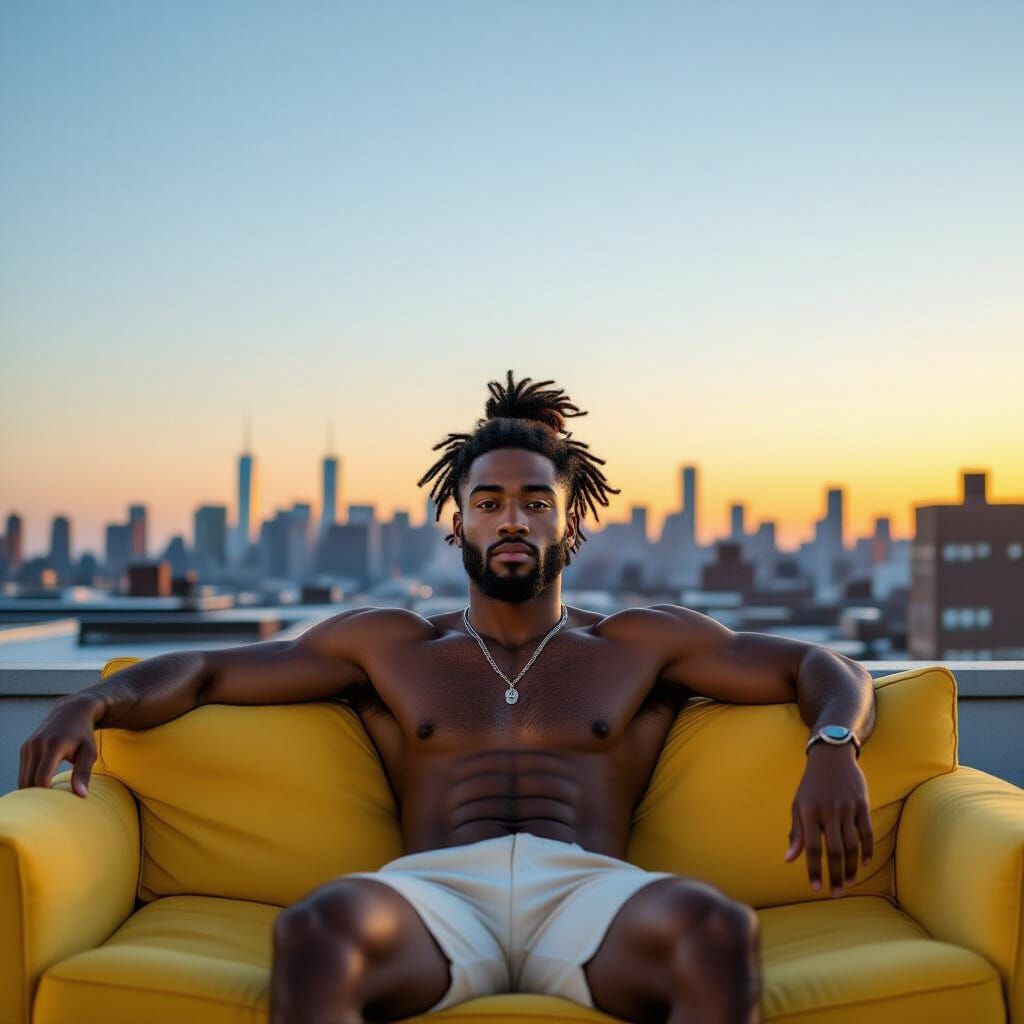 Brooklyn Rooftop Sunset: Man on Yellow Sofa