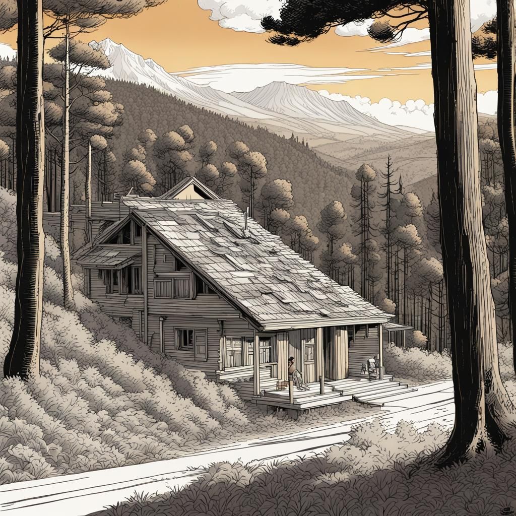 Modernist Building in Wildfire: Comic Book Illustration