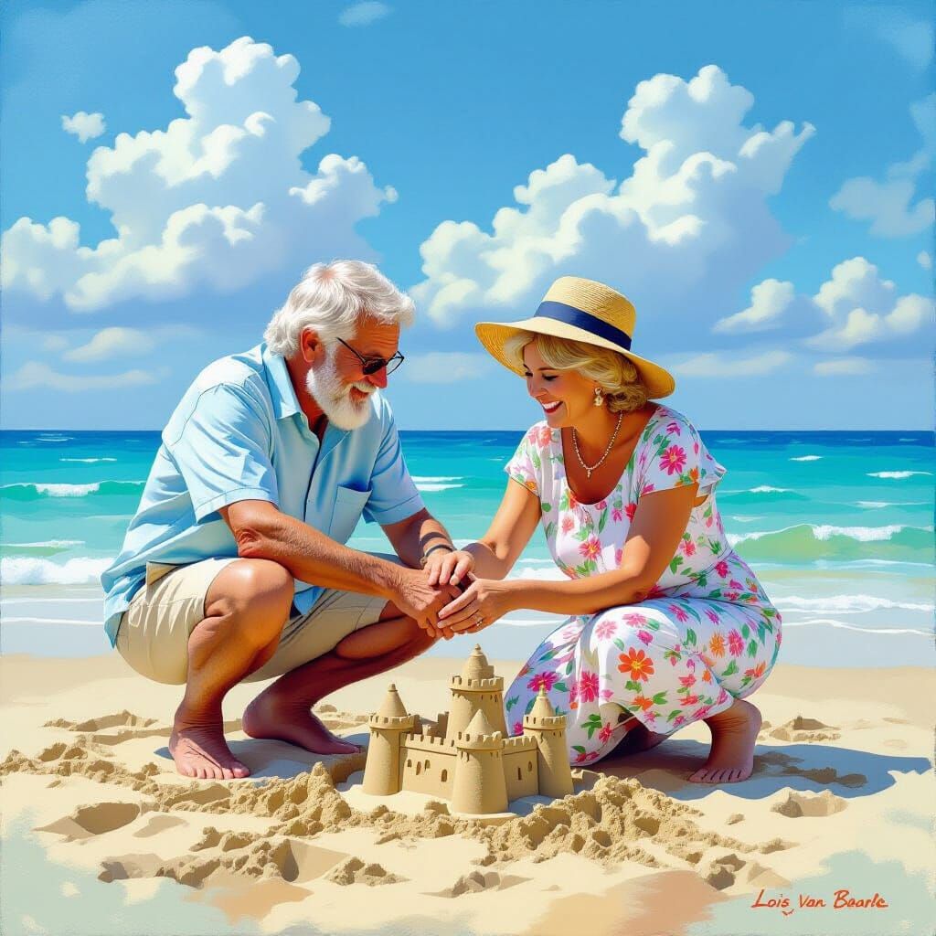 Elderly Couple Building Sandcastles on Beach, Kinkade Style