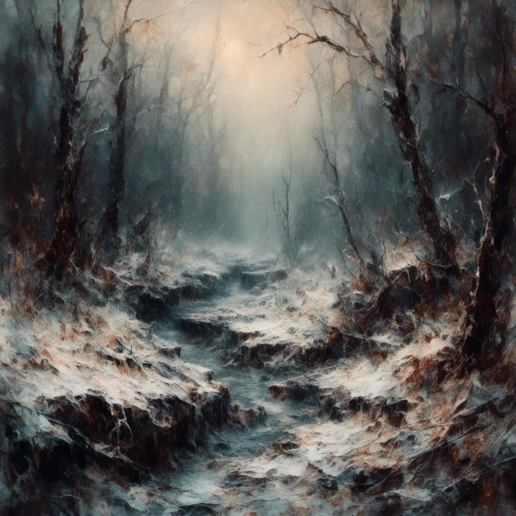 Ethereal Winter Landscape with Dark Knight, Impasto